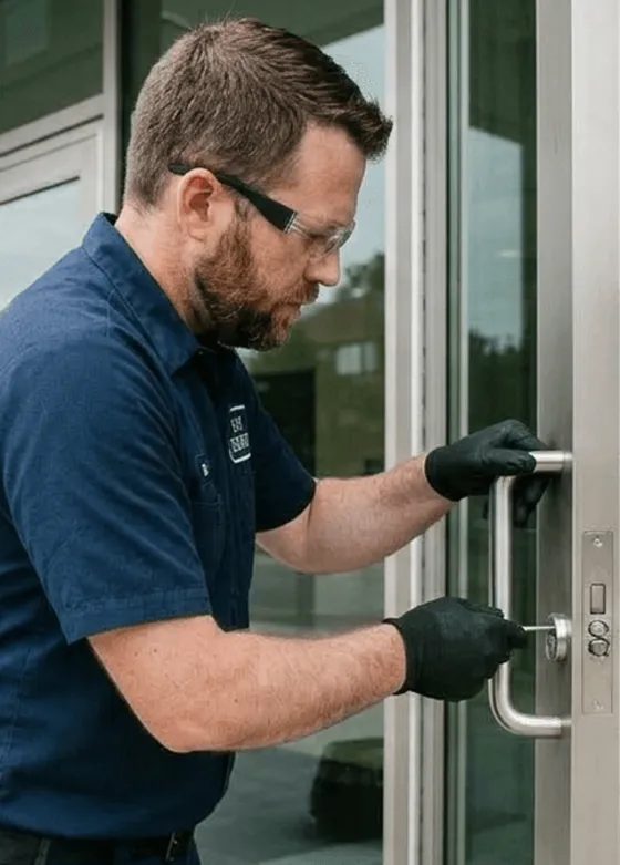 Technician servicing a commercial door handle